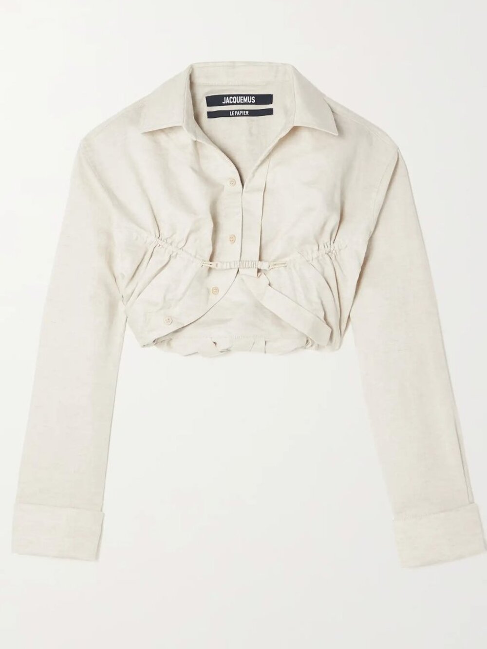 Jacquemus "Machou" Cropped Cotton/Linen-blend Canvas shirt in Ecru, size 32
